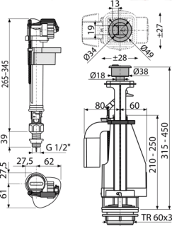 Выпускной комплект с двойной кнопкой AlcaPlast впускной механизм А18 3/8 SA08ASK 3/8"  CHROM